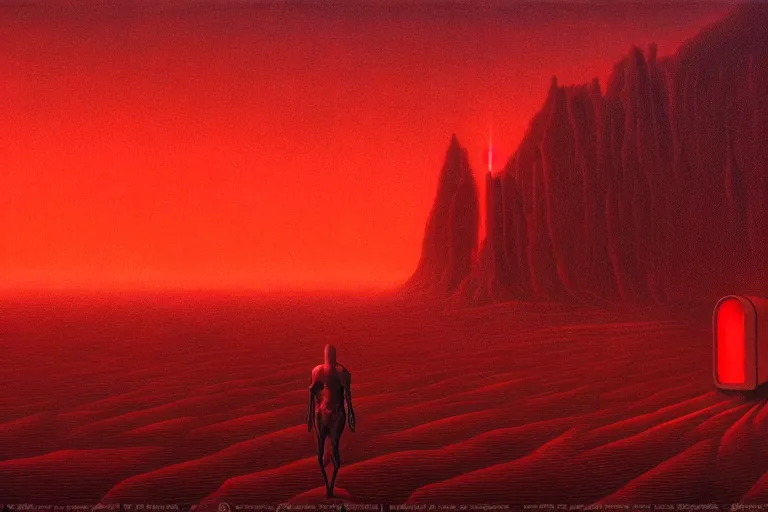 Prompt: only with red, red god of death eat apple, a futuristic city on mars in the background, an ancient path, in the style of beksinski, part by hopper, part by rodcenko, part by hofbauer, intricate composition, red by caravaggio, insanely quality, highly detailed, masterpiece, red light, artstation, 8 k