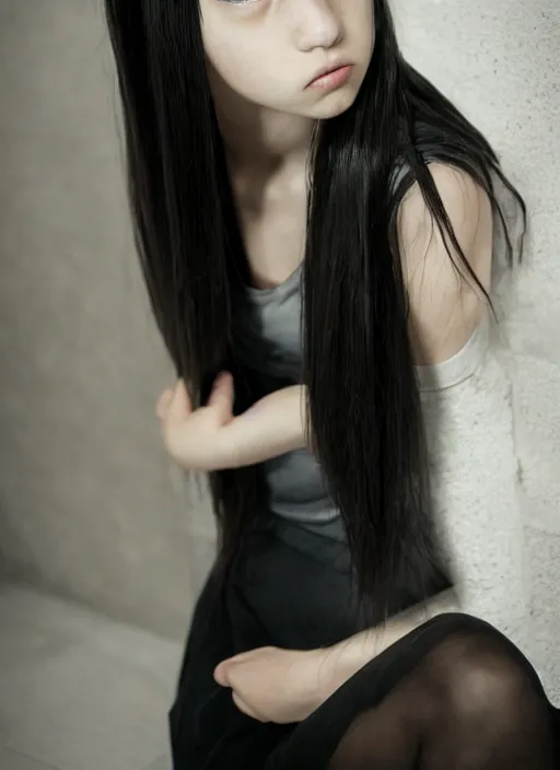 Image similar to a 1 4 year old girl eveline from resident evil 7 with straight long black hair wearing black dress that sitting on bathroom floor, model エリサヘス s from acquamodels, render in re engine