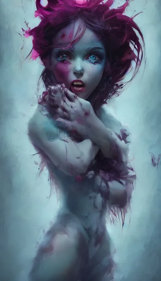 Image similar to shot of blaise girl with pouty aerochrome ( ( ( lips ) ) ), powerful, adorable, expressive eyes, big evil grin, kawaii playful pose of a dancer, greg rutkowski, charlie bowater, yuumei, stephen gammell, unreal 5, daz, hyperrealistic, dark, dynamic lighting, fantasy art, beautiful face