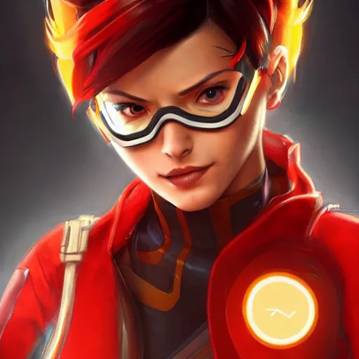 Image similar to tracer from overwatch wearing a red mechanics jumpsuit, intricate, elegant, highly detailed, digital painting, artstation, concept art, smooth, sharp focus, illustration, art by artgerm and greg rutkowski and alphonse mucha, 8 k
