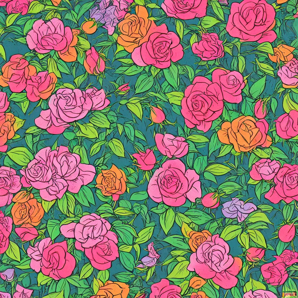 Prompt: colorful print of roses tagar and rhododendrons bunched botanical artwork, multicolor lino block print with vignettes, created by mike mignola, greg hildebrandt, banksy in the style of painting toon shades, colorful ink, vibrant, pastel, color vector, smooth curves, graphical, detailed, trending in art station