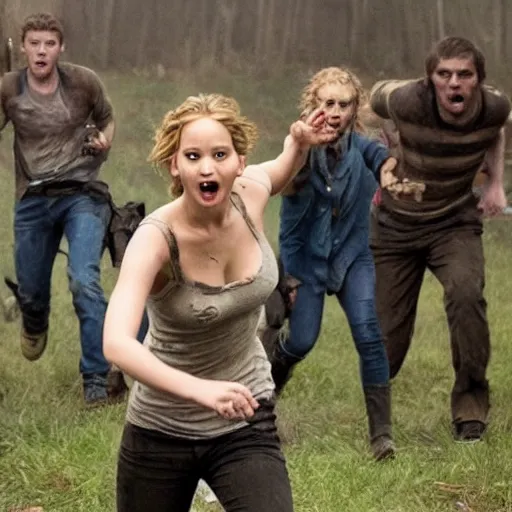 Image similar to jennifer lawrence zombie chases a family