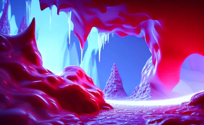 Image similar to liquid nitrogen and with red water-cooling coolant flowing through latent representations of ice caverns by centrifugal forces, gaming pc components sticking out the walls, high detail, high contrast, low-poly elements!!!!!, trending on artstation, octane render, subsurface scattering, 4k