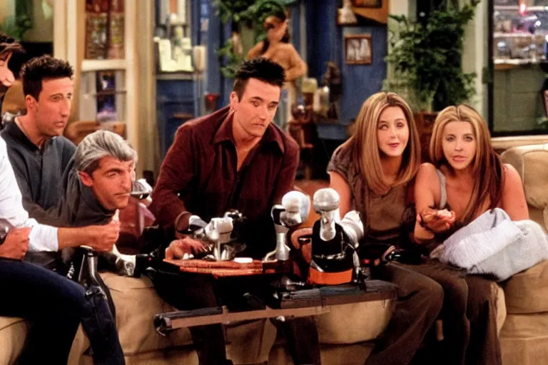 Image similar to the episode of Friends where everyone is a cyborg android robot computer alien