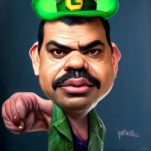 Prompt: caricature, claymation, luis guzman as luigi wearing green, painted by tom lovell, wlop, artgerm, dishonored 2,