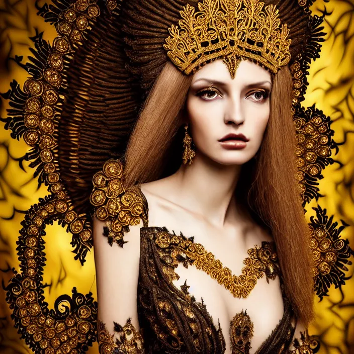 Image similar to photo portrait of a beautiful woman like a queen-dark -angel, dressed in long elegant intricate ornamental gold dress, intricate fractal ornament in the ,upper side of breast, bust with a very long neck , elegant, highly detailed intricate baroque ornament in her blond long hair, Realistic, Refined, Highly Detailed, Cinematic outdoor Lighting, fine art photography by Flora Borsi, volumetric lighting, natural colors scheme , hyper realistic photography