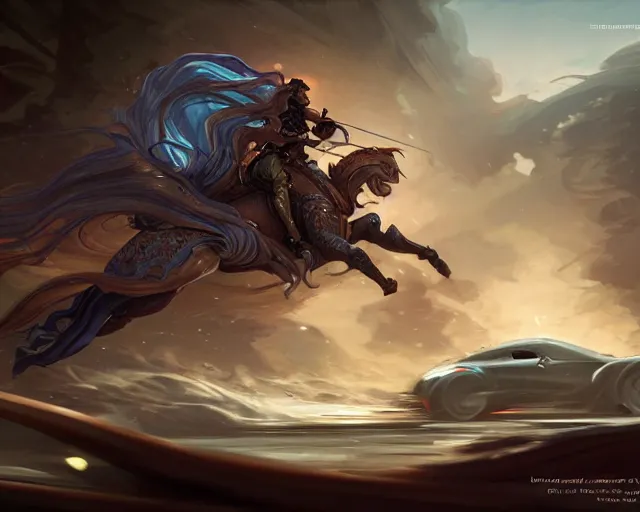 Image similar to sports car action shot, deep focus, d & d, fantasy, intricate, elegant, highly detailed, digital painting, artstation, concept art, matte, sharp focus, illustration, hearthstone, art by artgerm and greg rutkowski and alphonse mucha