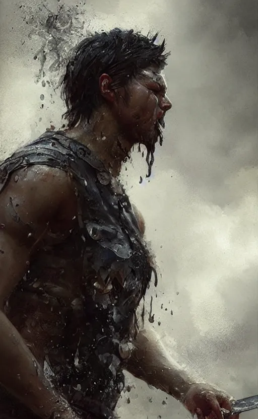 Image similar to The most beautiful young warrior guy in the world crying water,digital art,ultra realistic,ultra detailed, ultra wide Lens, art by greg rutkowski