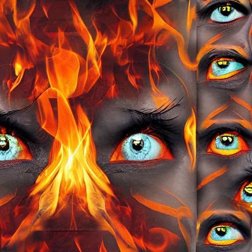 Image similar to collage, wall of eyes, reflections, fire, flames, wall of eyes, hd photograph