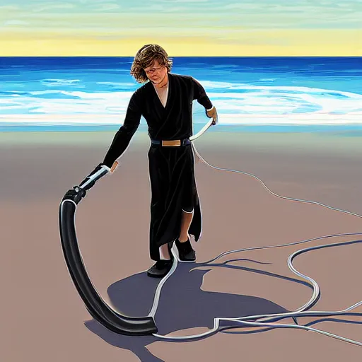 Image similar to Anakin Skywalker vacuuming the beach to remove sand, digital painting, highly detailed