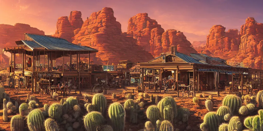 Prompt: a western saloon in the middle of the desert, blue sky and cirrus clouds in background, wide angle by ross tran and makoto shinkai and dan mumford, oasis, cactus, big red rocks, tumbleweeds, pulp sci - fi illustration, very detailed, 4 k horizontal wallpaper,
