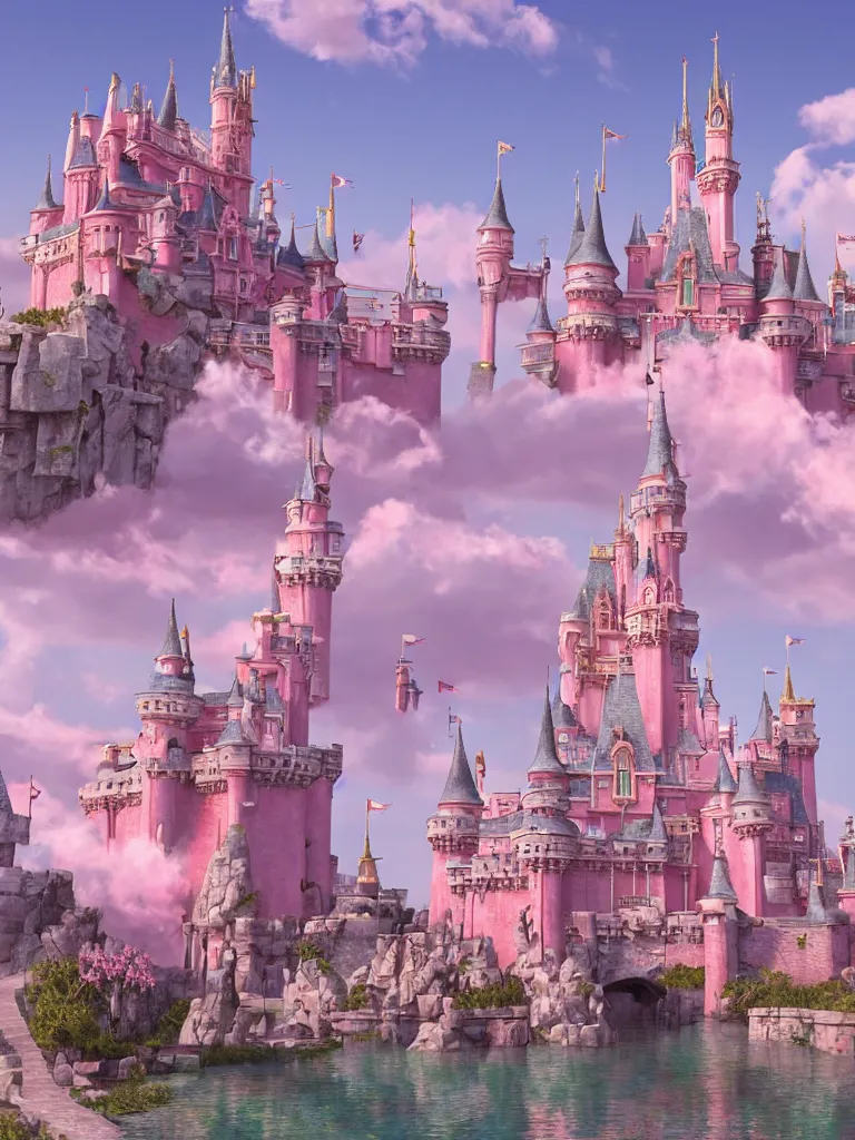 Prompt: pink clouds float around disney castle, highly detailed, unreal engine, ultra hd, byshinkai makoto, trending on art - station