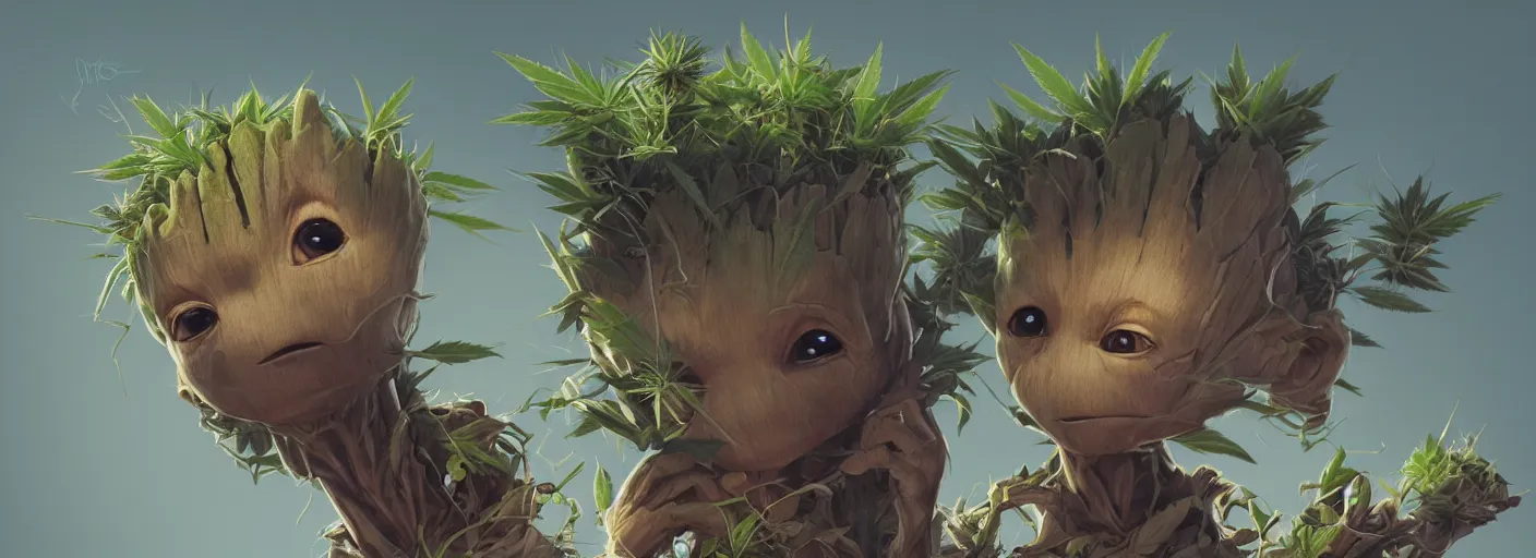 Image similar to duotone concept illustration 3 / 4 portrait of baby groot wearing cannabis hat, hemp, marijuana!, cinematic volumentric lighting, jim cheung, david marquez, mike deodato jr, ilya kuvshinov, makoto shinka, behance hd by jesper ejsing, by rhads, hyper detailed, octane render, concept art, artstation