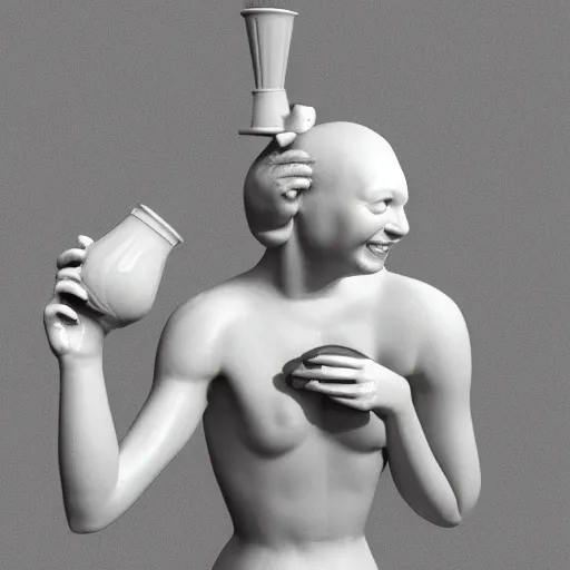 Prompt: a 3 d smiling model of a white marble human head holding a coctail, digital illustration, in the style of skeeva, 3 d render, above the waist