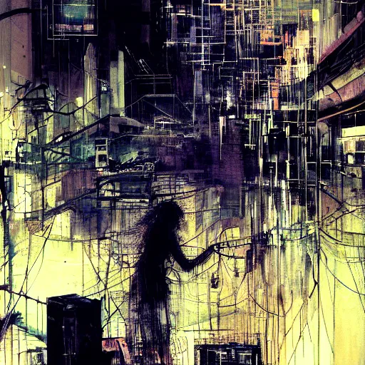 Image similar to glitchcore portrait of a cybercity dreamer, wires, machines, in a dark future city by jeremy mann, francis bacon and agnes cecile, and dave mckean ink drips, paint smears, digital glitches glitchart