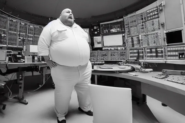 Image similar to heavyset bald man wearing a white shortsleeved shirt and blue jeans working in a nuclear silo control room by Emmanuel Lubezki