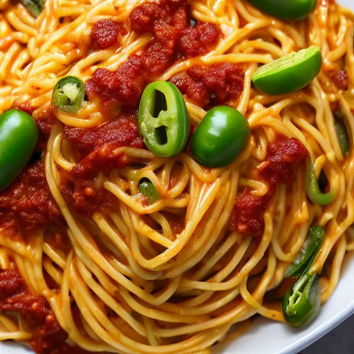 Prompt: super cheesy spaghetti topped with jalapenos, 4 k closeup