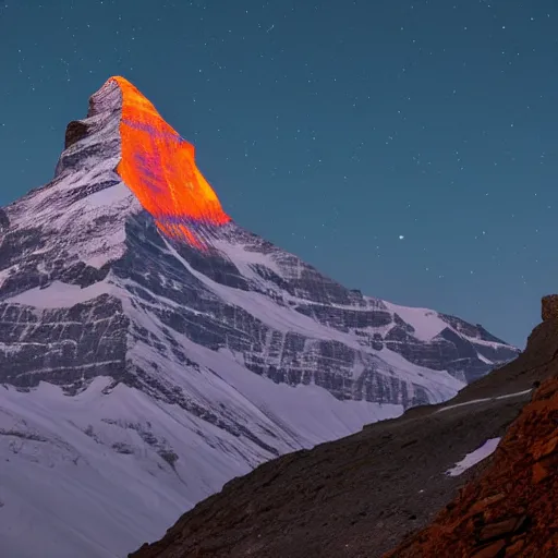 Image similar to indian flag projected illuminated on the matterhorn mountain at night, top is orange, middle white, bottom green