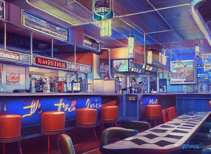 Prompt: interior of an american diner in arkansas, cyberpunk style, hyperrealistic and beautiful painting, 8 k resolution, by hugh ferris and john smith, polished, fine detail, intricate, blue color scheme, smooth, octane, concept art, trending on artstation