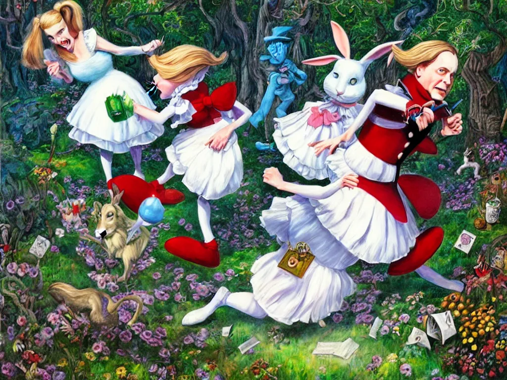 Prompt: alice in wonderland chasing the white rabbit, very detailed painting by drew friedman