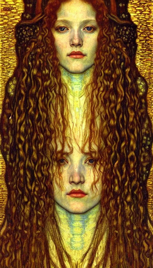 Image similar to detailed realistic beautiful young medieval queen face portrait by jean delville, gustav klimt and vincent van gogh, art nouveau, symbolist, visionary, gothic, pre - raphaelite, muted earthy colors, desaturated