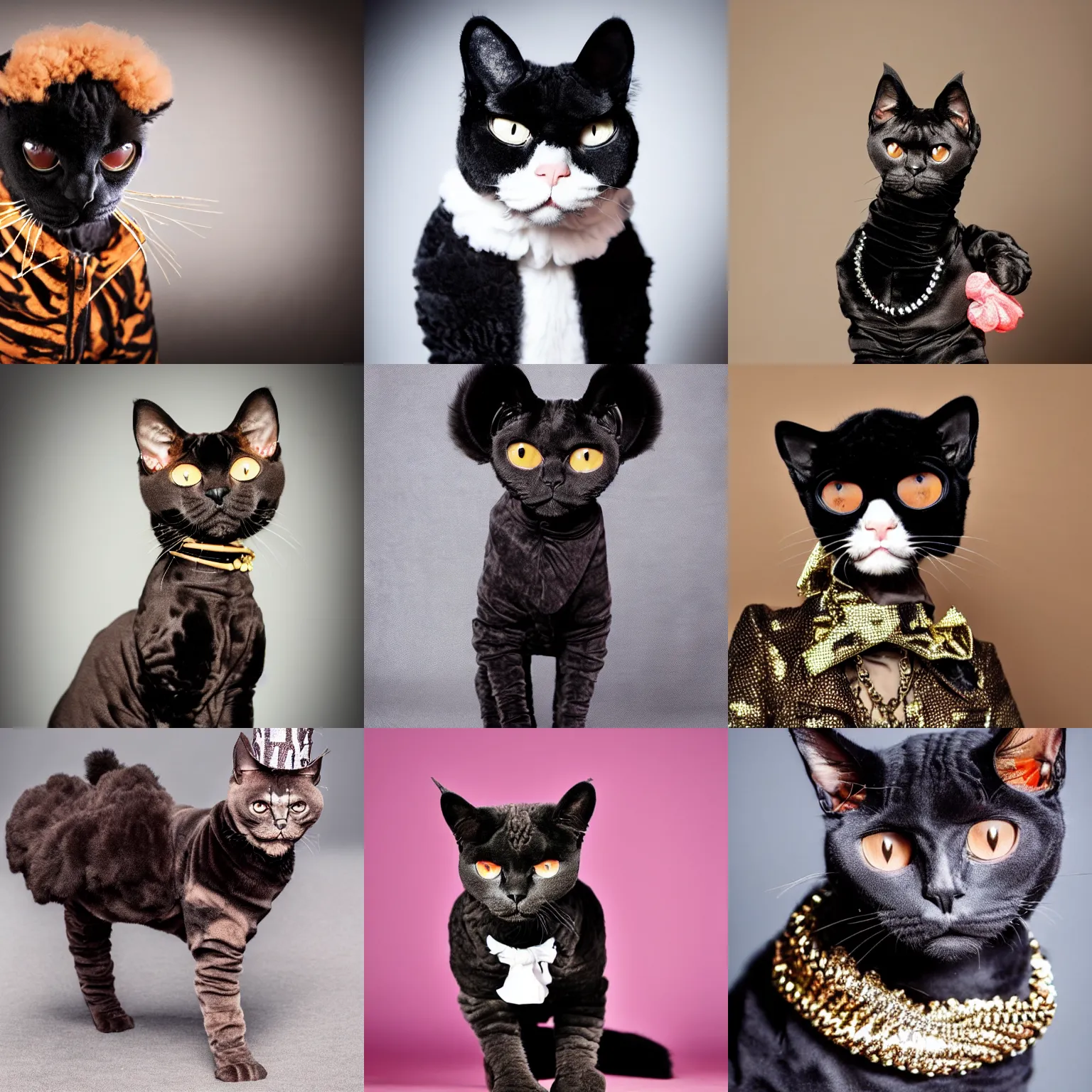 Prompt: high quality photograph of a black furred devon rex purebred cat dressed up like a pimp, flexing designer clothes, fashionable and dangerous