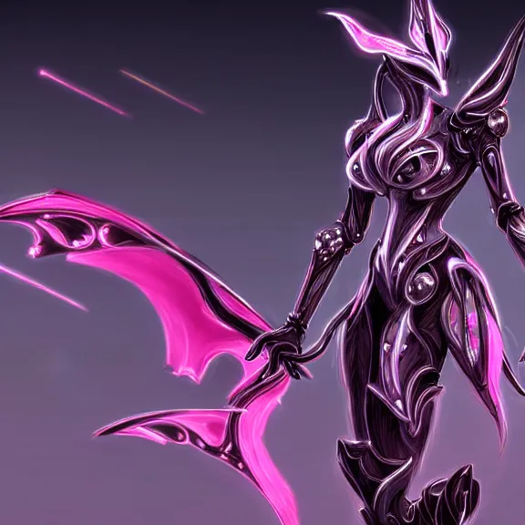 Image similar to highly detailed exquisite fanart, of a beautiful female warframe, but as an anthropomorphic robot dragon, shiny silver armor engraved, Fuchsia skin beneath the armor, elegant pose, close-up shot, streamline design, full body shot, epic cinematic shot, long elegant tail behind, sharp claws, robot dragon hands and feet, professional digital art, high end digital art, singular, realistic, DeviantArt, artstation, Furaffinity, 8k HD render