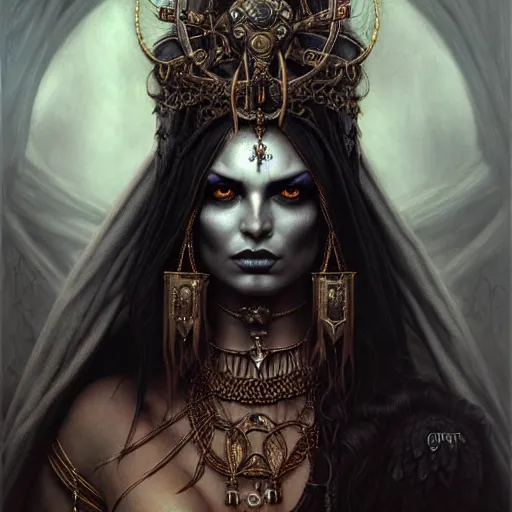 Image similar to portrait of a gypsy queen grim dark, dark, piercing eyes, exotic expression, esoteric clothing, photorealistic, highly detailed, mysterious lighting, artstation, smooth, sharp focus, art by michael whelan, artgerm, greg rutkowski and luis royo