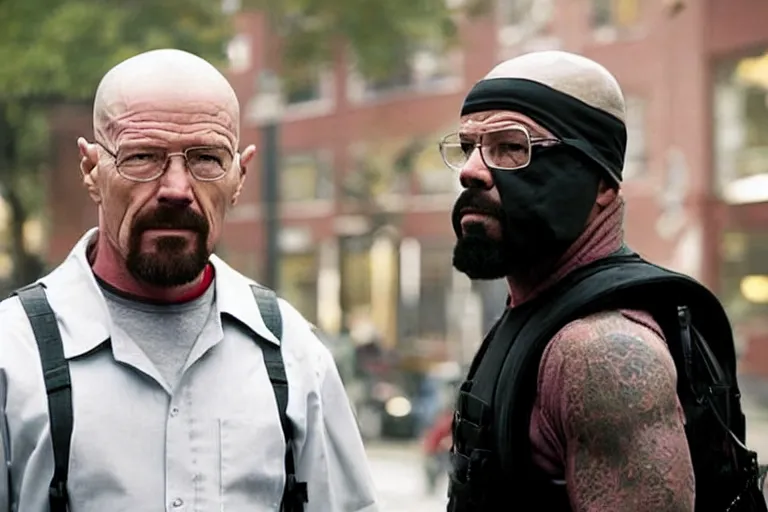 Image similar to medium full shot of walter white as a violent domestic terrorist wearing a black head covering made from a polyester material and a stained red tank top setting up a backpack at a main new york street in the new movie directed by ice cube, movie still frame, wearing a black bullet proof vest, promotional image, critically condemned, relentlessly detailed