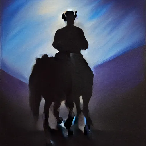 Image similar to a painting of a cowboy riding a horse into the dark horizon, high contrast, black and blue color scheme, dark, creepy, night, far away