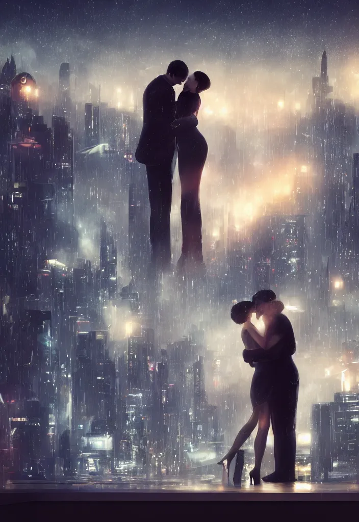 Image similar to she hug her husband that is sitting at his futuristic desk, lovely couple, blade runner style, hyper-realistic, octane render, realistic, real, sad, a couple consoling one another, strong woman, sad men, cinematic, 8k, very intricate, futuristic city in the background, night