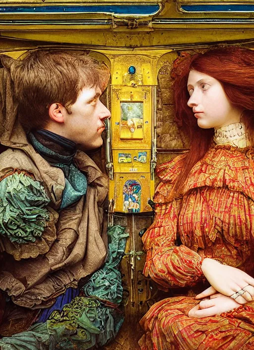 Prompt: detailed colourful masterpiece of intricate preraphaelite photography couple portrait sat down extreme closeup, love, inside a full underwater train, detailed realistic expressions, wearing unusual clothes, by ford madox brown and william powell frith and frederic leighton and john william waterhouse and william morris, ultra wide angle