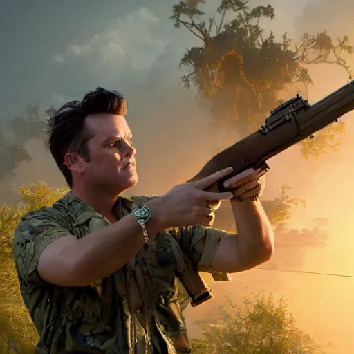 Image similar to hyperrealistic image of ace ventura firing an lmg, stunning 3 d render, inspired by istvan sandorfi & greg rutkowski & unreal engine, perfect symmetry, dim volumetric cinematic lighting, 8 k octane comprehensive render, extremely hyper - detailed, incredibly lifelike attributes, intricate, real flesh texture, masterpiece, artstation, stunning,