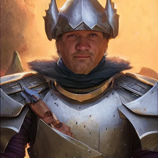 Prompt: barney from barney the dinosaur kids show as a realistic fantasy d & d knight, closeup portrait art by donato giancola and greg rutkowski, digital art, trending on artstation