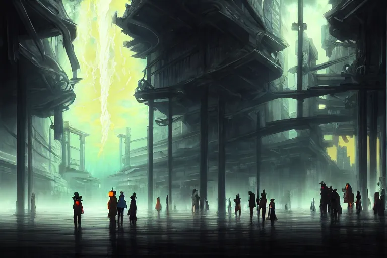 Image similar to baroque oil painting of anime key visual environment concept art of the gates of hell in the middle of a futuristic city, brutalist, dark fantasy, rule of thirds, digital cel shading, fake hidden detail, trending on pixiv fanbox, acrylic palette knife and brush, style of makoto shinkai studio ghibli jamie wyeth james gilleard greg rutkowski