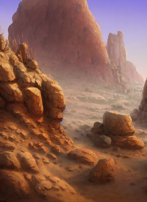 Prompt: a painting of a desert landscape with rocks and pillars, a detailed matte painting by tyler edlin, cgsociety, fantasy art, matte painting, concept art, matte drawing