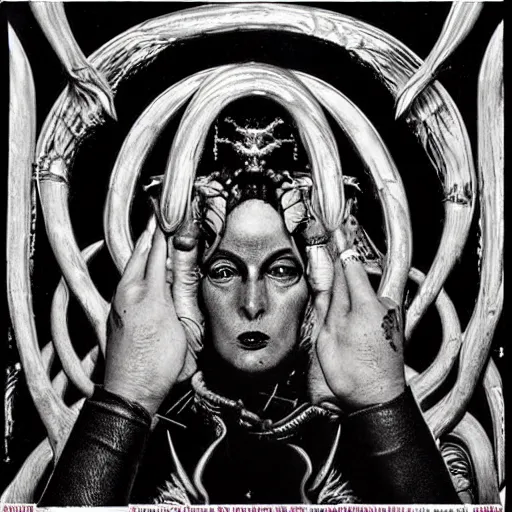 Image similar to post - punk new age album cover, magic, apocalypse, psychedelic, black white pink, magic, giger h. r.