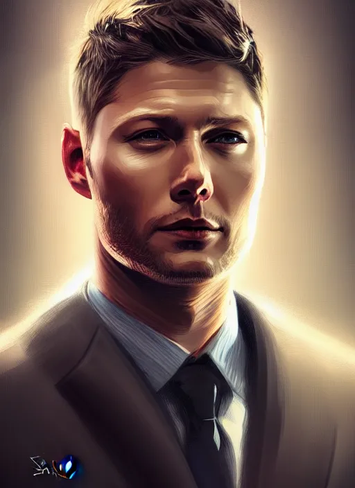 Image similar to portrait of jensen ackles, dramatic expression looking down, full body, lawyer suit, intricate, hivis, elegant, beautiful, highly detailed, digital painting, artstation, concept art, smooth, sharp focus, illustration, art by sakimi chan and guweiz