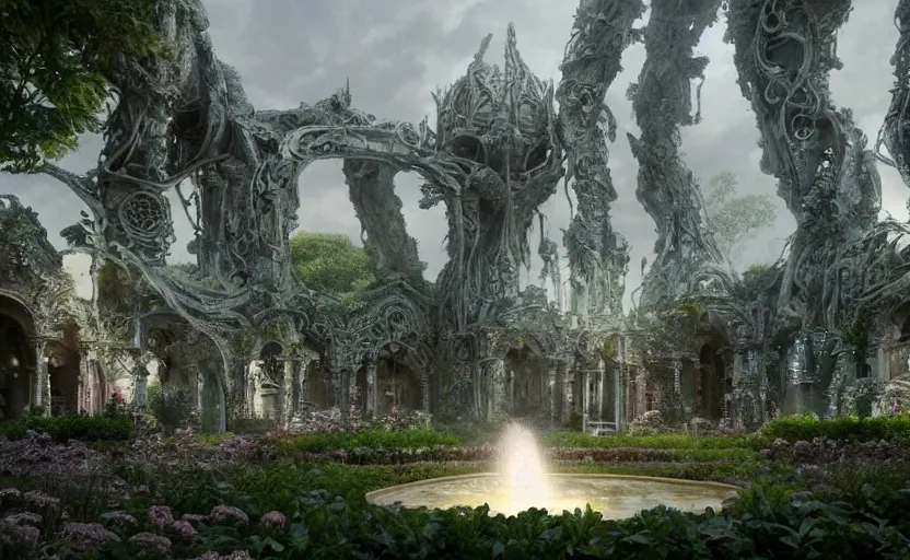 Image similar to A beautiful garden, next to a fountain and a mystical palace, hyperrealistic mixed media, stunning 3d render inspired art by P. Craig Russell and Barry Windsor-Smith + perfect facial symmetry + dim volumetric lighting, 8k octane beautifully detailed render, post-processing, extremely hyperdetailed, intricate futuristic mechanic parts, epic composition, grim yet sparkling atmosphere, cinematic lighting + masterpiece, trending on artstation