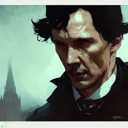 Image similar to portrait of Sherlock Holmes, dramatic lighting, illustration by Greg rutkowski, yoji shinkawa, 4k, digital art, concept art, trending on artstation