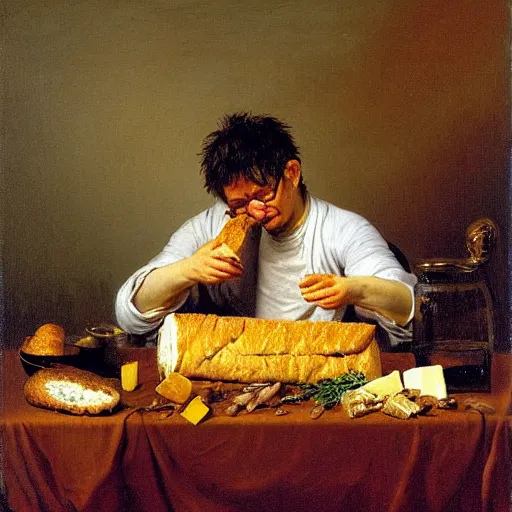 Prompt: steve albini eating a loaf of fresh bread and some good cheese or roast beef, portrait, oil on canvas, by jean - honore fragonard