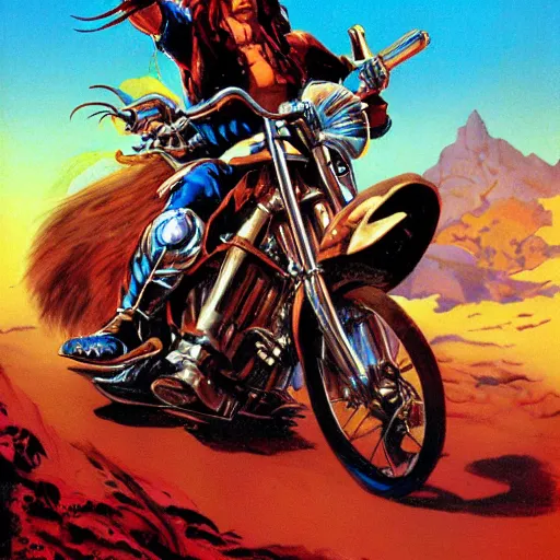 Prompt: colorful portrait of conan the barbarian riding a harley davidson motorcycle, rodel gonzalez, marc davis, milt kahl, jim warren, don bluth, glen keane, jason deamer, rob kaz, character art, concept art