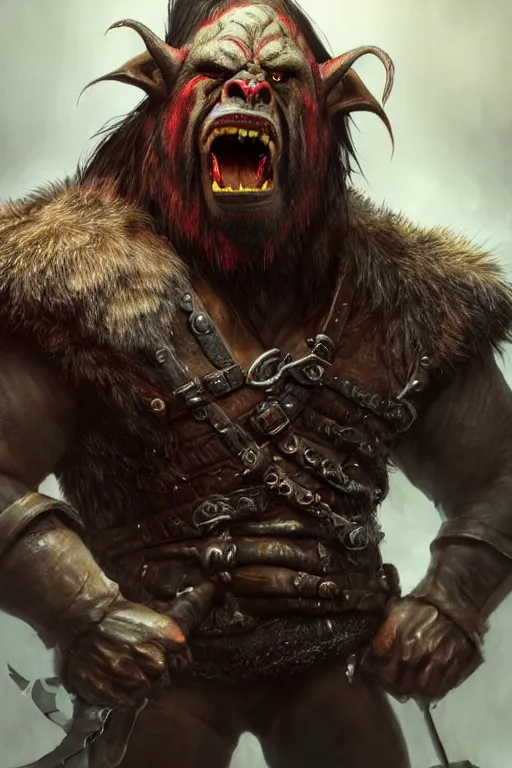 Prompt: A full body shot of a handsome orc looking into the camera wearing a leather fur jacket, full body shot, detailed face, orc, red, portrait, artstation, realistic, highly detailed, symmetrical, D&D, Dungeons & Dragons, hyper realistic, dynamic pose, high detail, octane render, unreal engine, 8k, fantasy art, highly detailed, dramatic lighting, concept art