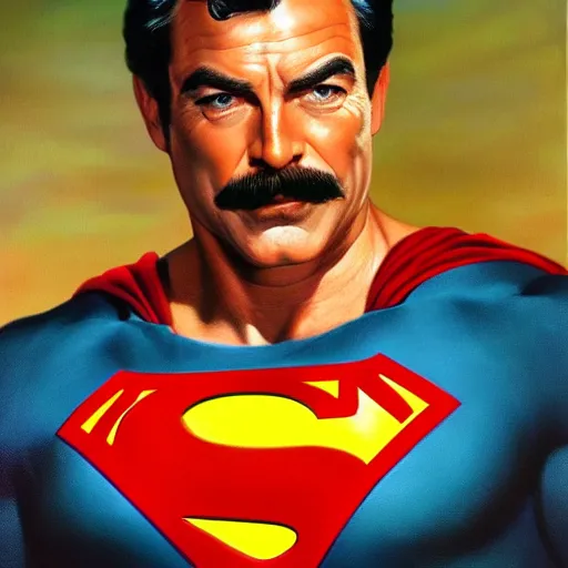 Image similar to ultra realistic portrait painting of tom selleck as superman, art by frank frazetta, 4 k, ultra realistic, highly detailed, epic lighting