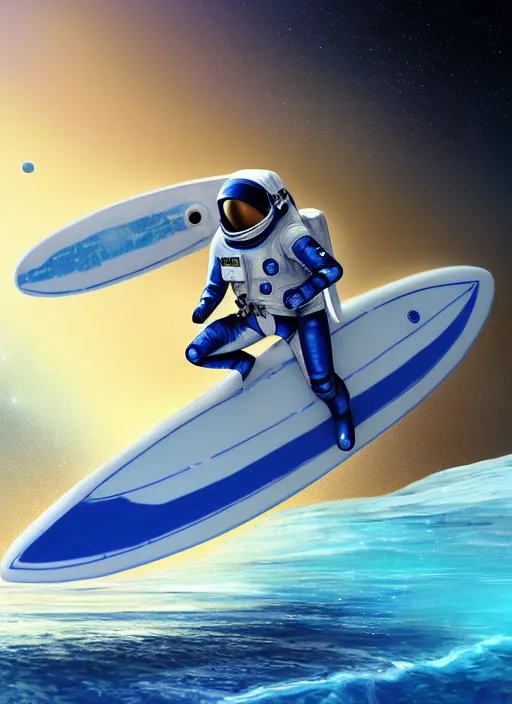Image similar to an amazing digital painting of an astronaut in a white and royal blue luxurious space suit surfing an interstellar tsunami on a futuristic surfboard at Pamukkale, thermal waters flowing down multiversal gold travertine terraces by greg rutkowski, photorealistic, trending on artstation, highly detailed, unreal engine, octane render