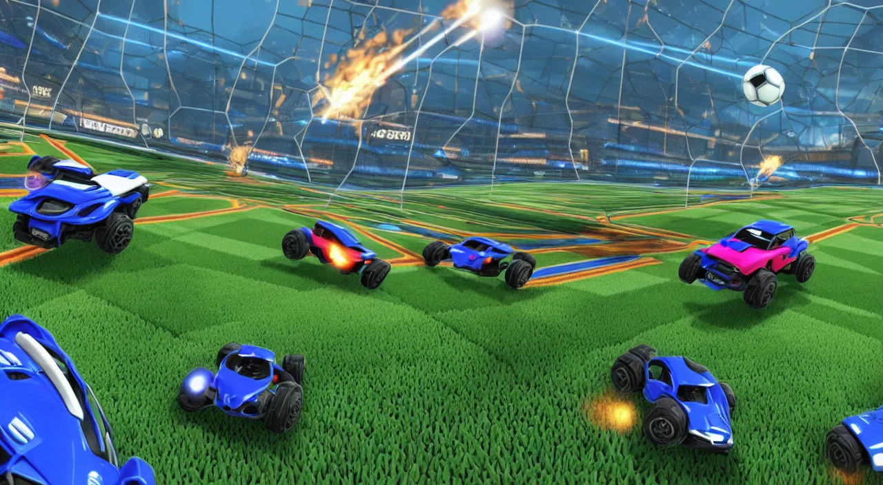 Image similar to a game of rocket league where the two cars have to stop due to a group of lost japanese tourists wandering across the field