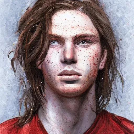 Image similar to portrait of a teen boy with long red hair and a lot of freckles and muscular, intricate, highly detailed, digital painting, artstation, sharp focus, illustration