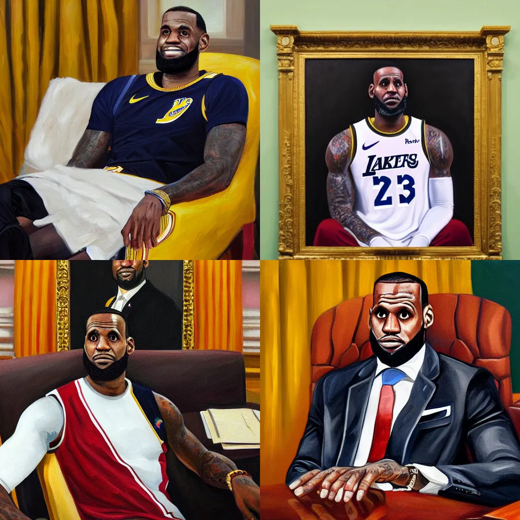 Prompt: portrait of President Lebron James seated at the Oval Office, oil on canvas