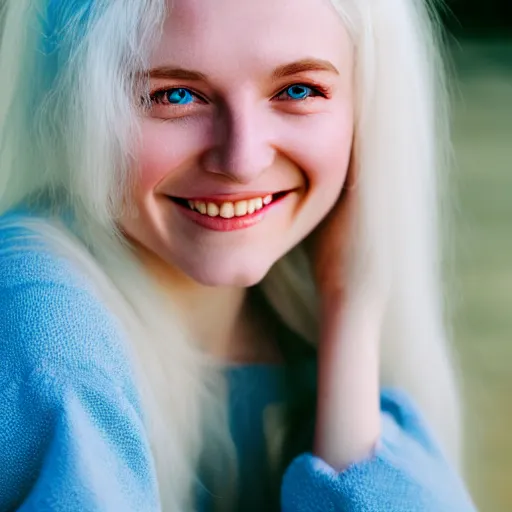 Image similar to beautiful hyperreal portrait of a cute thing young woman smiling softly, long white hair, flushed face, blue eyes, golden hour, soft focus, 8 k, portra 4 0 0