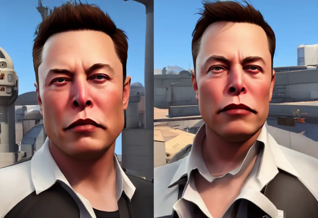 Image similar to elon musk in team fortress 2, elon musk in the video game team fortress, gameplay screenshot, close up, 3 d rendering. unreal engine. amazing likeness. very detailed.